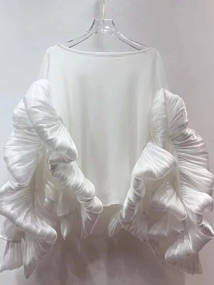 Top High End Niche Spring New Chic Round Neck Stylish Elegant Irregular Ruffled Loose Feminine Long Sleeve So Shirt Women