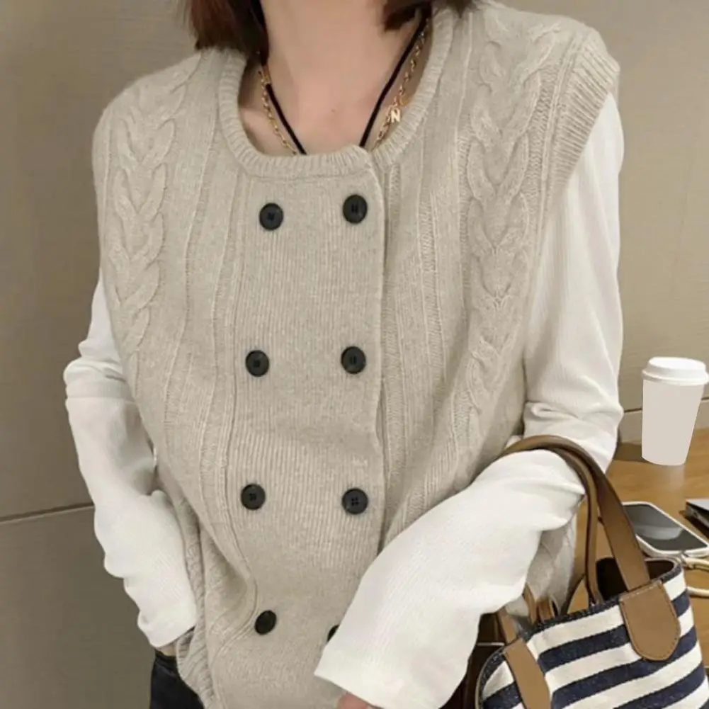 

Women Vest Fall Winter Double-breasted Round Neck Loose Sleeveless Knitted Elastic Soft Warm Twisted Flower Pattern Knitted Vest