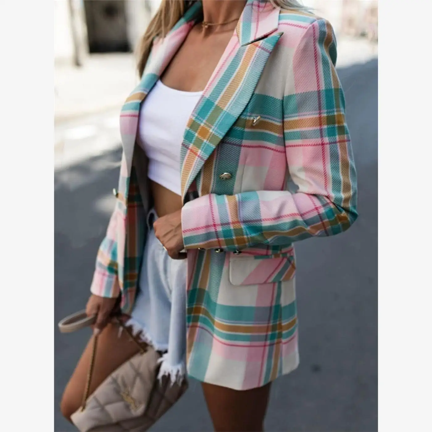 

2023 Faion Women's Suit Jaet Casual Outerwear Ladies Coat Commute Sle Slim Fit Polyester Long Sve Button Plaid