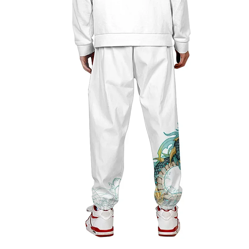 Anime Dragon Print Sweatpants Men Pocket Long Cargo Pant Harajuku Jogger Black White Trousers Streetwear Pants Plus Size 4XL
