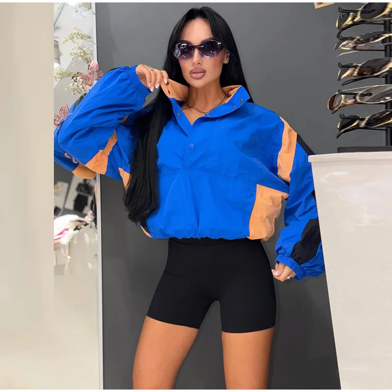 Elegant Contrast Jacket Women Loose Full Sleeve Stand Collar Button Jackets Female 2026 Fashion Autumn Outwear Lady