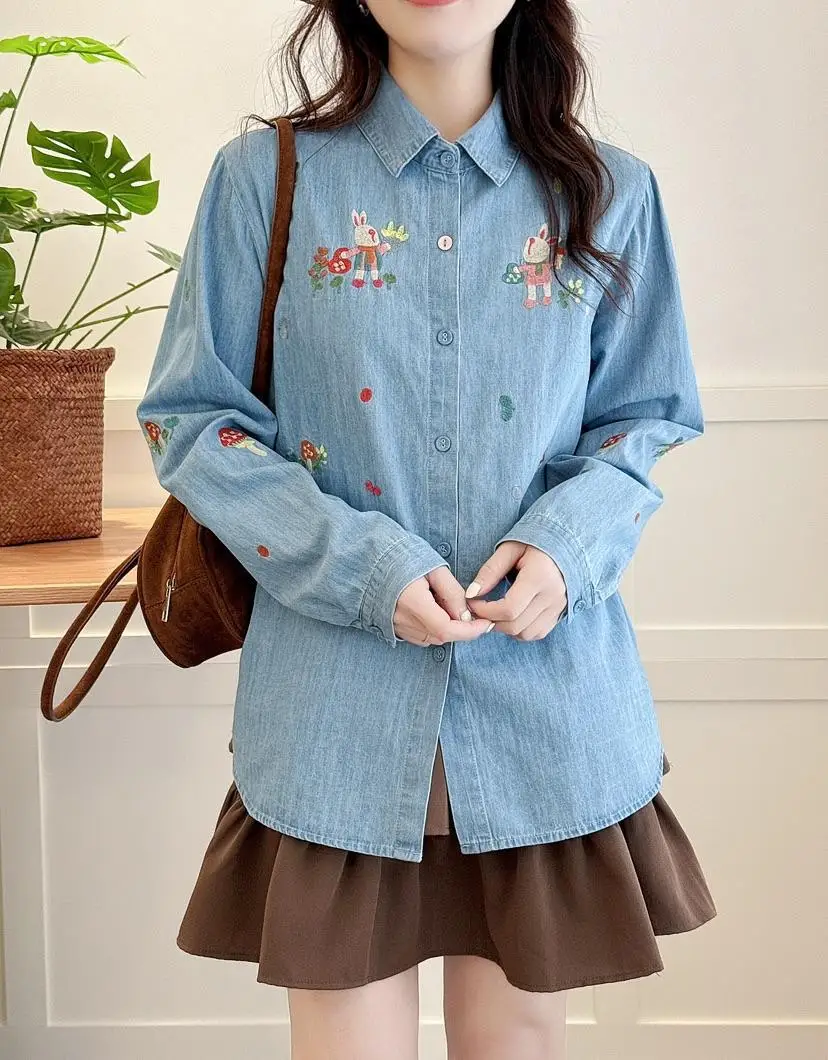 

2025 Women's denim shirts mori girl style original cartoon mushroom embroider denim blouses for women long sleeve tops