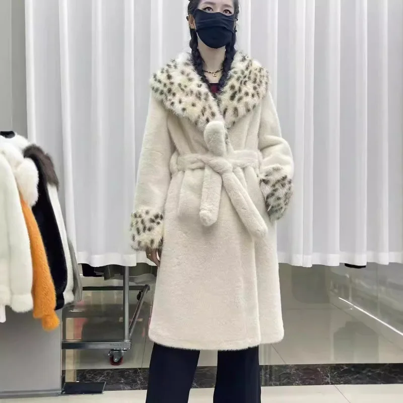 Luxury High-quality Fur Coat Belt Trench Coat Winter Women Warm Patchwork Lapel Faux Fur Jacket Long Outerwear Fluffy Jacket