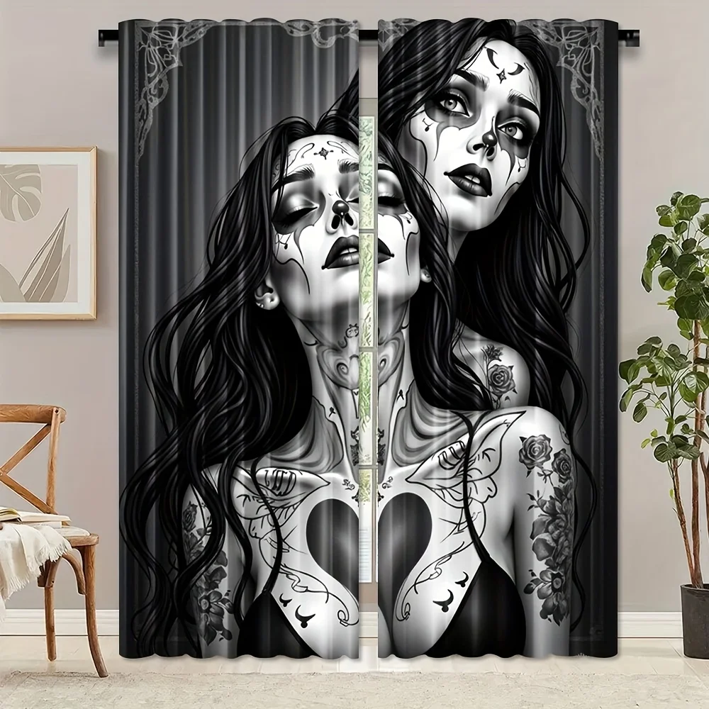 Gothic Sugar Skull Girl Curtains, Black and White Tattoo Art Blackout Drapes for Bedroom, Dark Aesthetic Home Decor Window