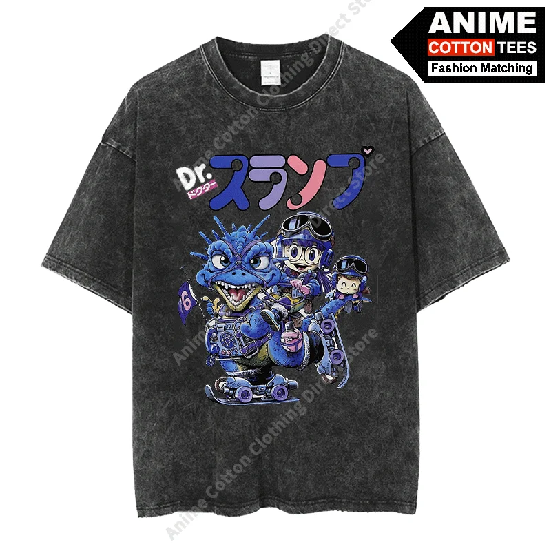 

Retro Washed Cotton T Shirt Dragon Ball Anime Peripheral Clothing Arale Print Short Sleeve For Men's / Women's Casual Loose Tees