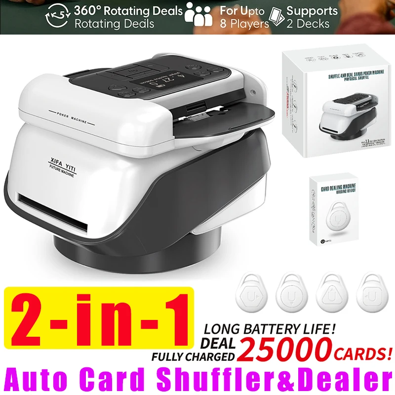 

Автоматическое устройство для перемешивания карт и дилера карт 2-в-1 360 ° Вращающиеся предложения для 8 игроков, поддержка 2 колоды. Игры для домашнего кемпинга и вечеринок.