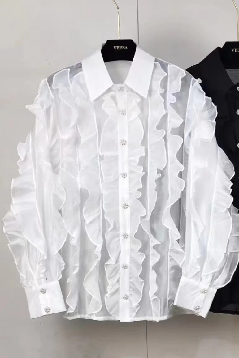 Luxury Diamonds Buttons Ruffles White Chiffon Women\'s Blouses Shirts Top Office Lady Lantern Sleeve Elegant Shirt Blusas Femmale