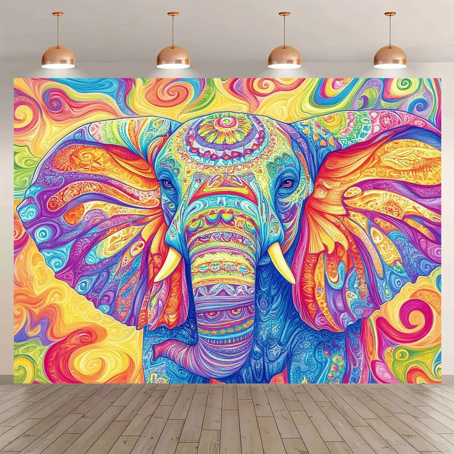 لافتة خلفية للحفلات الكرتونية على شكل فيل نابض بالحياة مثالية لعيد الميلاد مع اسهم زخرفية لأعياد الميلاد والعطلات