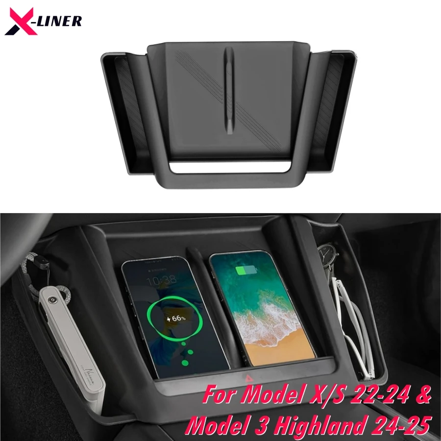 

For Tesla Model 3 Highland 24-25 & Model S/X 23-24 Wireless Charging Mat with Side Organizer Anti-Slip Silicone Wireless Cover