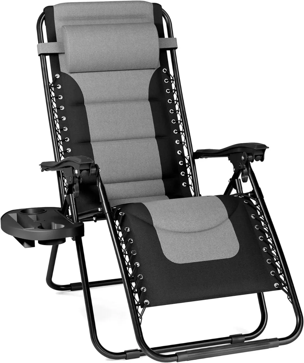 

Padded Zero Gravity Lounge Chair Folding Patio Recliner with Adjustable Headrest & Cup Holder, Support 350 LBS (Grey)