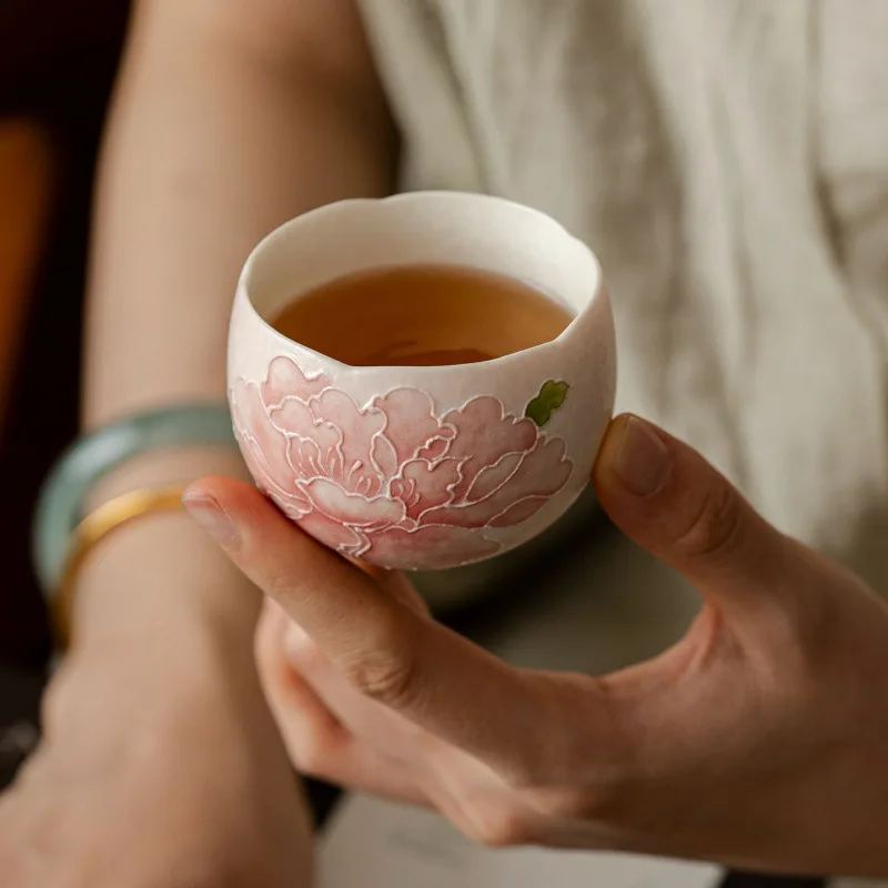 Pink Embossed Hand Painted Peony Eggshell Ceramic Cup Underglaze Color Kung Fu Tea Master Single Tasting Cup For Personal Use