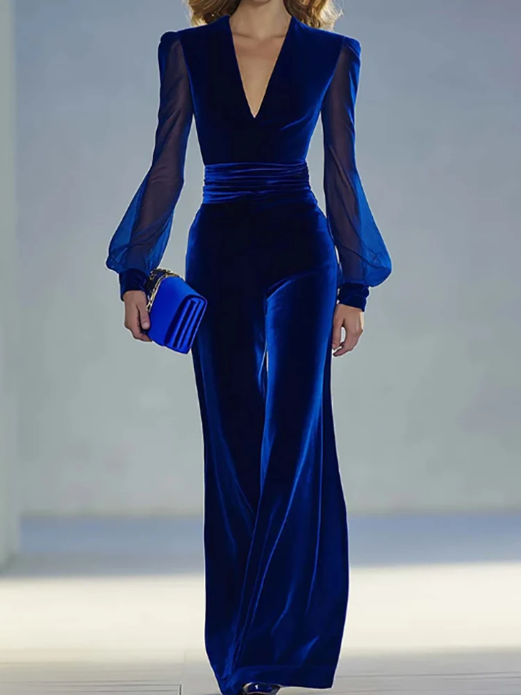 深いVネックの秋冬シックなジャンプスーツ、女性用ホリデーロングスリーブファッションプレイスーツ、無地パッチワークシンプルレディースボディスーツ