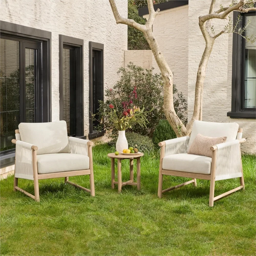 

3-х предметный набор бистро из ротанга в стиле бохо, уличные плетеные стулья и набор приставной столиков с рамой из дерева акации (кремовый)