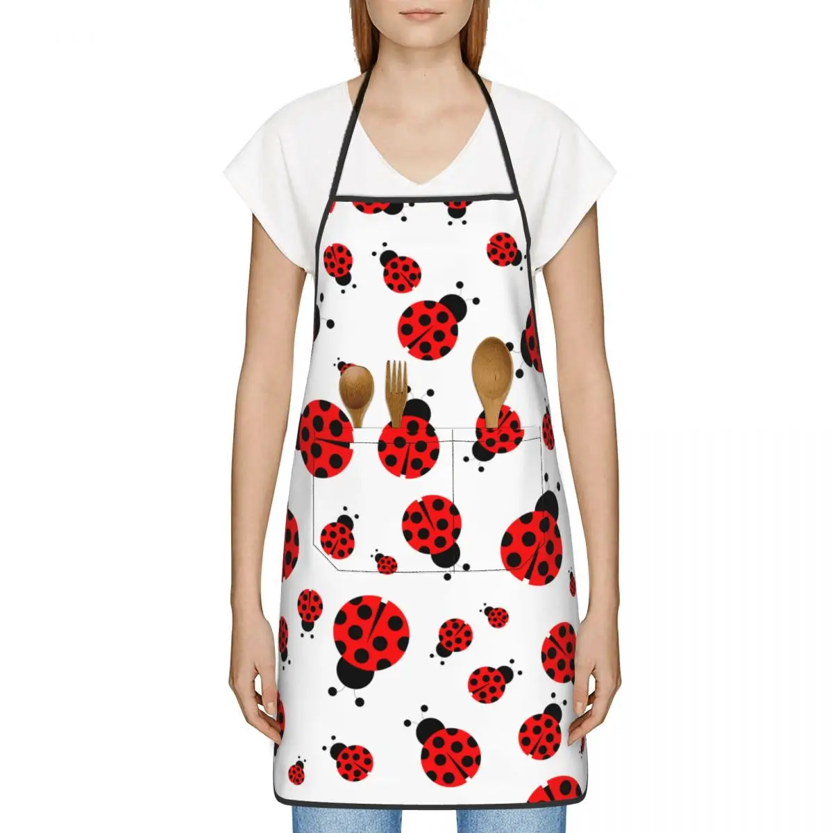 Kitchen Aprons For Woman Men Ladybug Chef Work Apron For Grill Restaurant Bar Shop Cafes Beauty Nails Studios Uniform