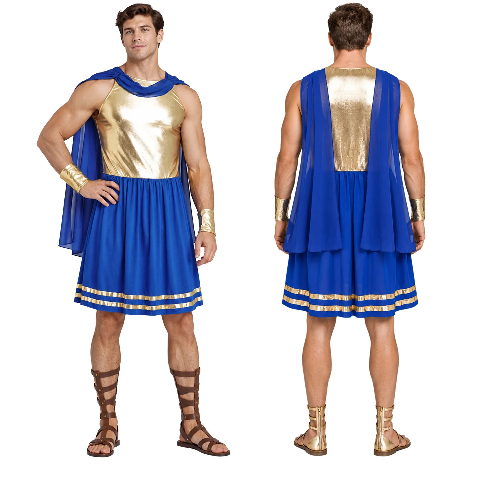 Men Sleeveless Chiffon Shawl Metallic Bodice Ancient Greek God Toga Dress with Cuffs Halloween Theme Party Roman Warrior Costume
