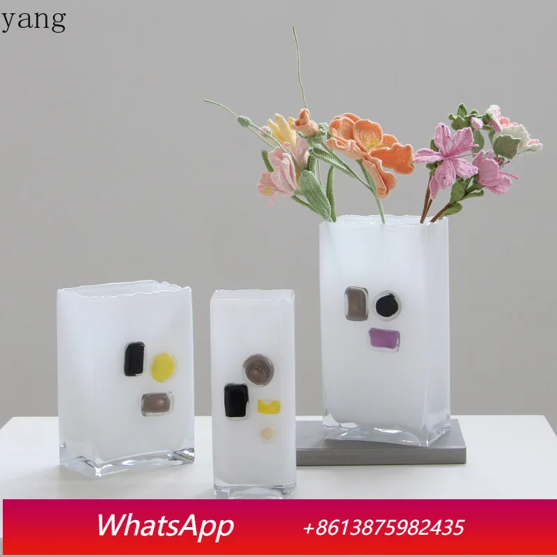 

LMM Creative Light Luxury Heavy Handmade White Square Glass Vase Home Vase