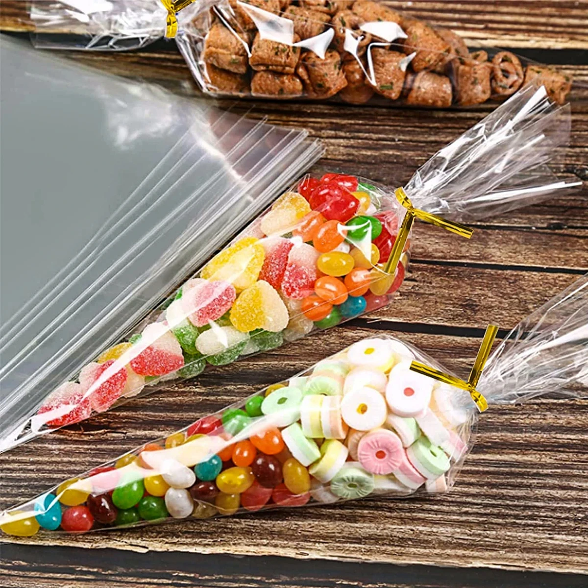 50Pcs Transparent Cone Shaped Candy Bags Plastic Cellophane Package Candy Bar Wedding Birthday Party Decor Gifts Favors for Kids