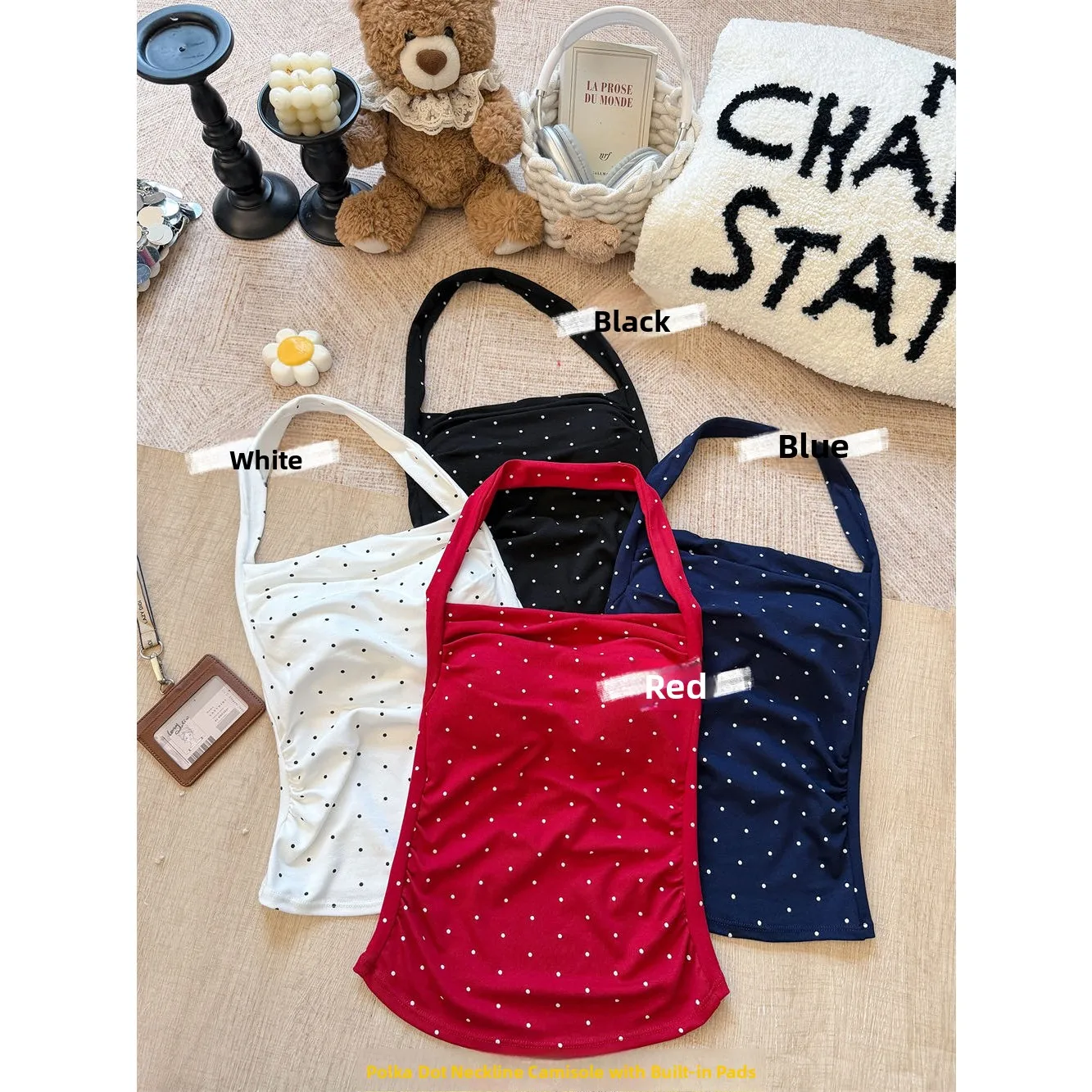 Slim Fit Polka Dot Halter Neck Vest Women's Sleeveless Korean Style Pure Desire Fashionable Thin Hanging Neck Strap Top
