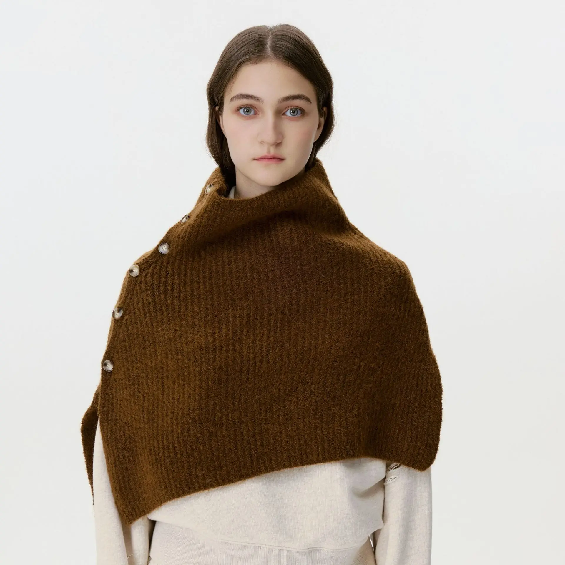 Korean Fashionable Retro Cowl Neck Knitted Scarf Wrap Shoulder Warm Cape Outerwear Neckerchief Winter Scarf for Women Accessory