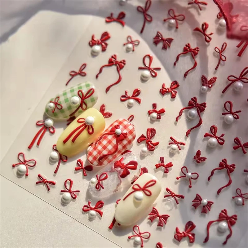 Simple Line Bowknot สีแดงทองเงินเลเซอร์สีชมพู Hot Stamping 3D Self กาวสติ๊กเกอร์เล็บเพิร์ล Rhinestone เล็บ Decals