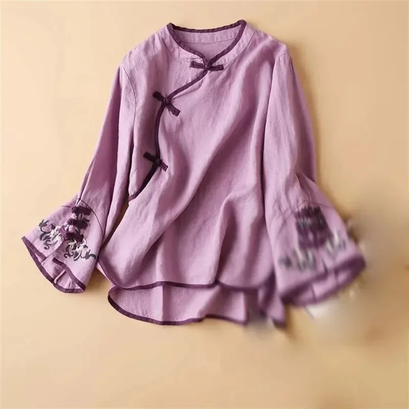 Women's Spring New Chinese Style Diagonal Lapel Knot Button Tops  Embroidery Loose Blouse Daily Shirt Girl Gift FREW-2024