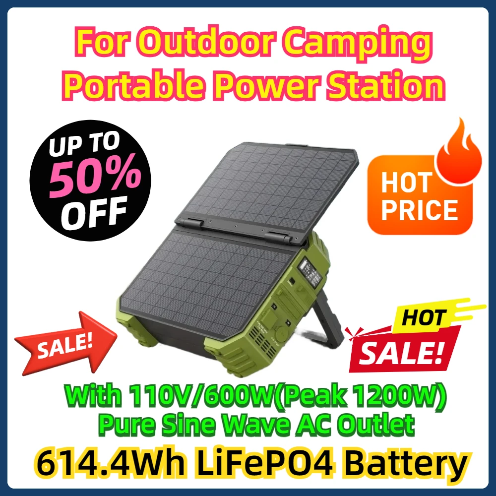 

614.4Wh LiFePO4 Battery With 110V/600W(Peak 1200W) Pure Sine Wave AC Outlet For Outdoor Camping Portable Power Station