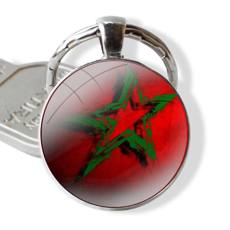 MA Maroc Morocco Flag Keychain Handmade Glass Cabochon Key Ring Holder Pendant Key Chains