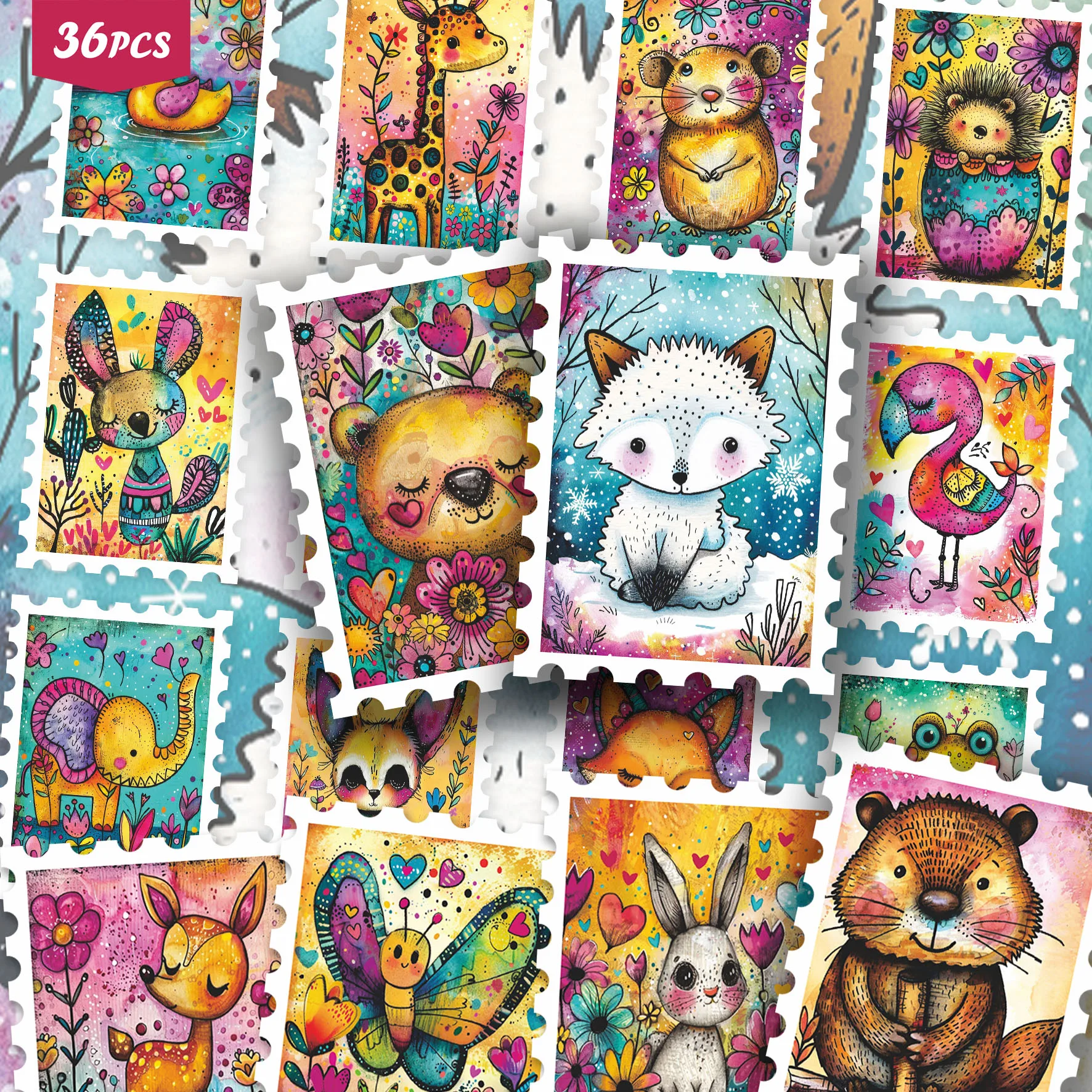 36PCS Whimsical Watercolor Animal Stickers, Bright Folk Art Creature Aesthetic Cutout Set for Journals, Planners & Decor