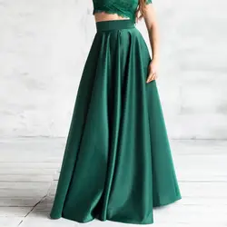 Elegant Formal Emerald Satin Full Skirt Circle Skirt Maxi Green Skirt With Pockets Evening Floor Length  High Waist Satin Skirt