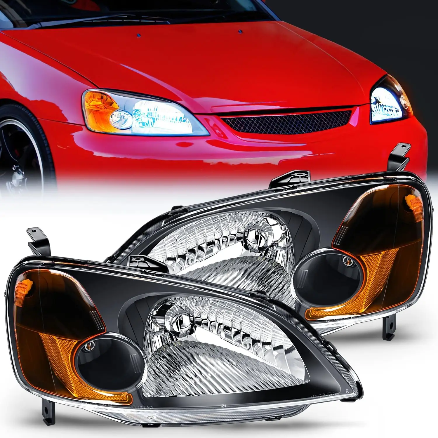 

Headlight Assembly Compatible with 2001 2002 2003 Honda Civic Headlamps Replacement Black Housing Amber Reflector Upgraded Clear