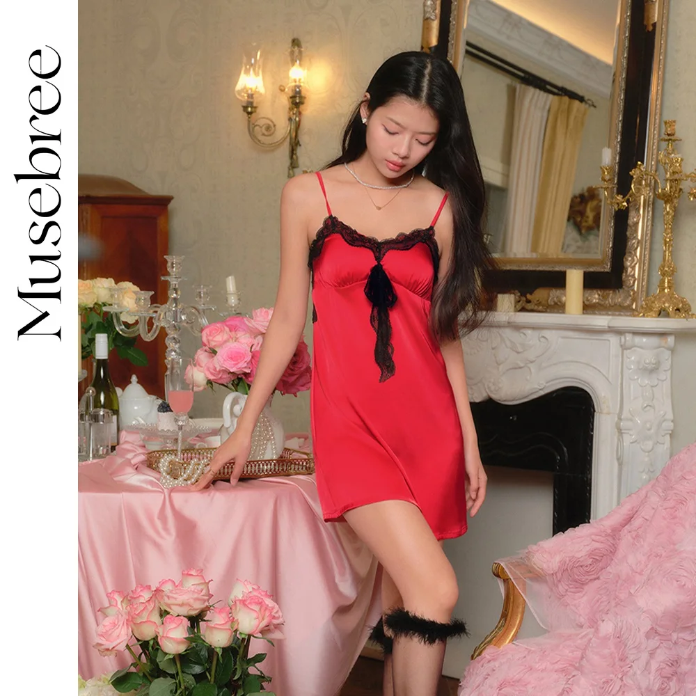 

Musebree Women's Lace Sexy Night Dress Ladies Romantic Red Sleeveless Nightdress Spring Sexy Sleeping Dress Women Pajama Dress
