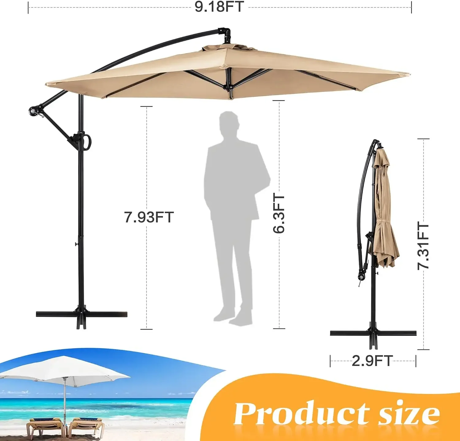 Paraguas de Patio Offset colgante, sombrilla voladizo de mercado al aire libre, con ajuste de Inclinación Fácil, resistente a la decoloración, impermeable, 9 pies