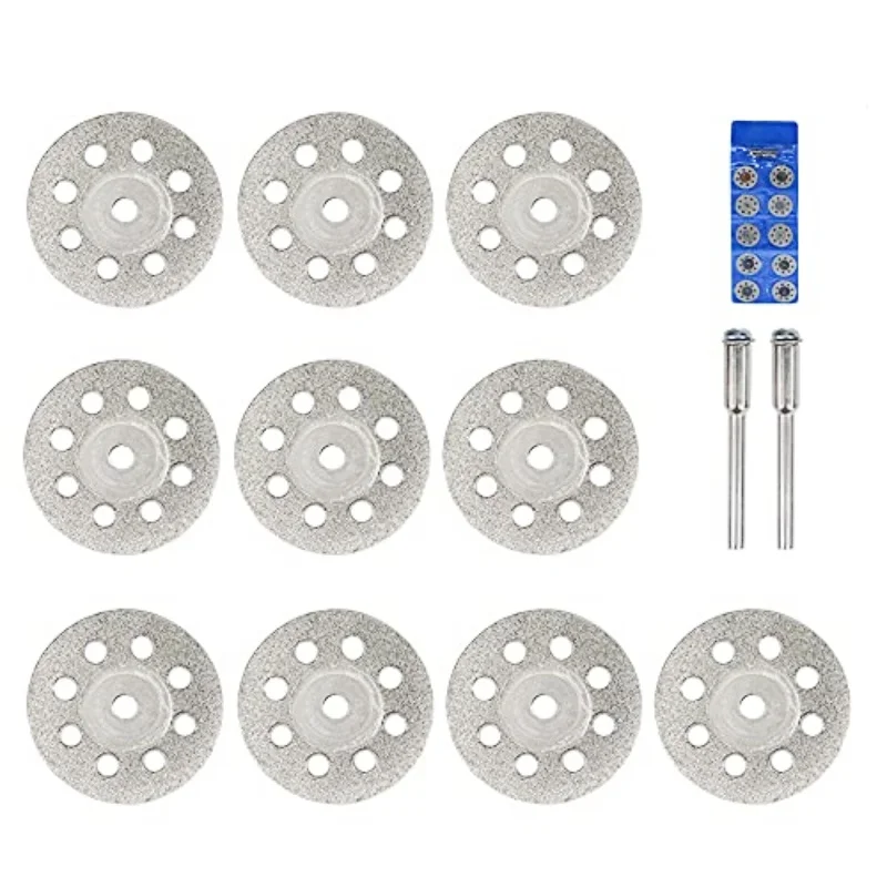 12pcs/set Diamond Cutting Wheel (25mm/20mm each 10) Diamond Coated Cutting Wheel and 2pcs 3mm Mandrel for Rotary Tool