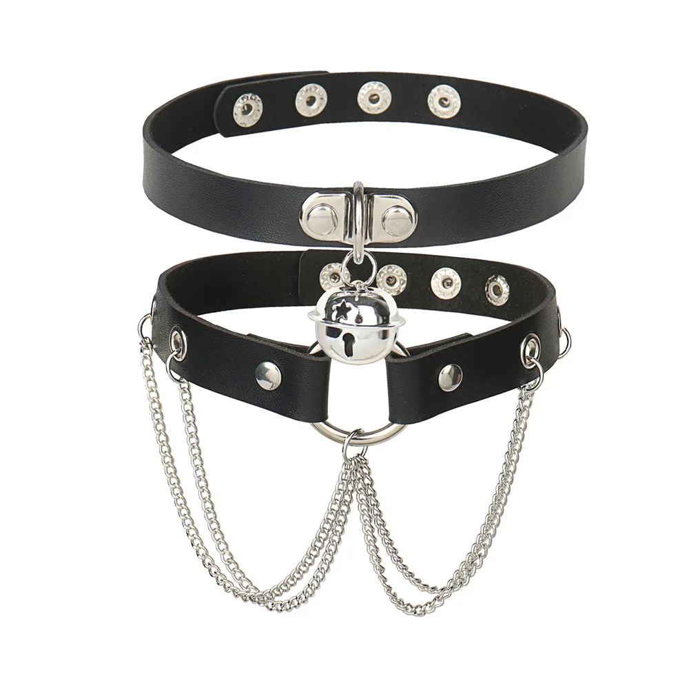 Harajuku Punk Rock and roll Fashion Night club Individuality Originality Cortex Choker Two pieces set Bell Ring Chain Pendant