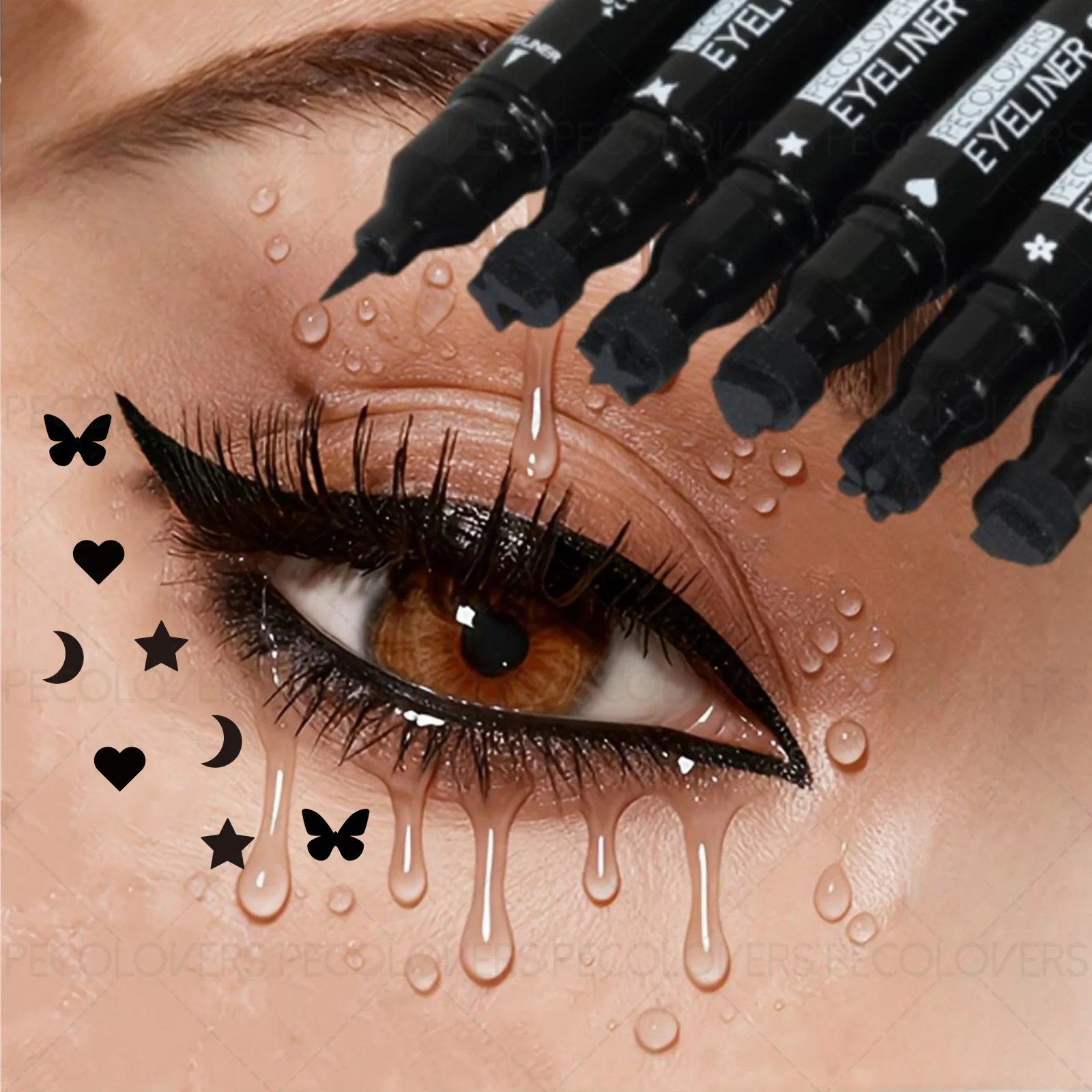 Lot de 4 eye-liners liquides lisses (avec embout) - Anti-bavures, disponible en plusieurs motifs, adaptés au maquillage waterproof