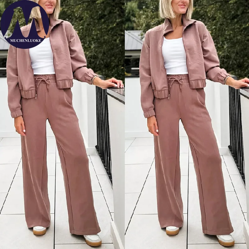 

Комплект из 2 предметов для женщин, осень-зима, модные спортивные пальто с длинными рукавами и воротником-стойкой, повседневные свободные комплекты брюк на шнуровке