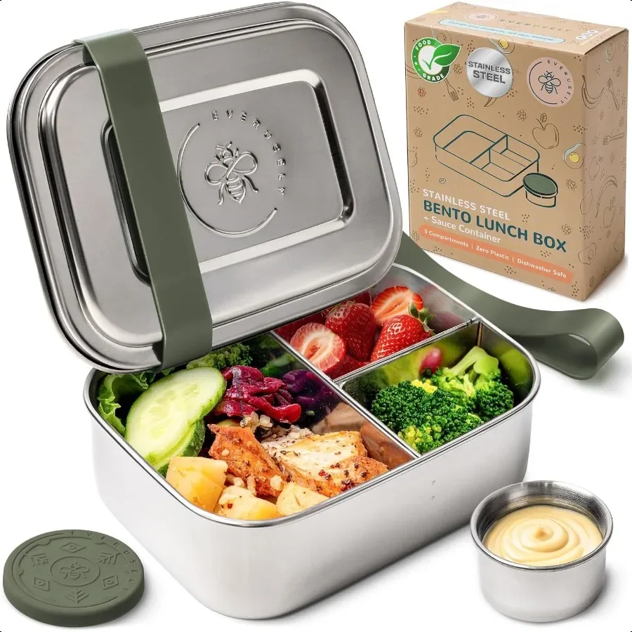 

Bento Box Sage 27oz 0.8 L Stainl Steel Lunch Box with Leakproof Condiment Container 3 Compartment Snack Organizer for On the Go