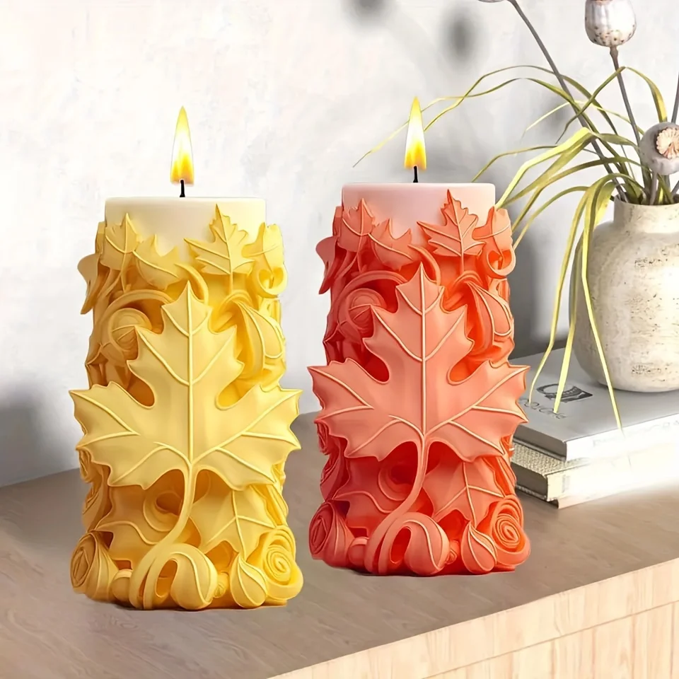 3D Maple Leaf Relief Cylinder Candle Silicone Mold Leaf Flower Molds Christmas Tree Leaf Relief Cylinder Plaster Resin Mould