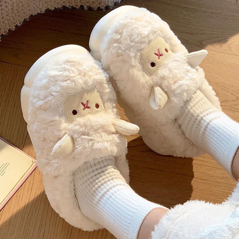 

Winter Women Home Cotton Slippers Men Indoor House Cute Sheep Slides Couples Warm Plush Fluffy Fur Sheep Sandals Couples Shoes