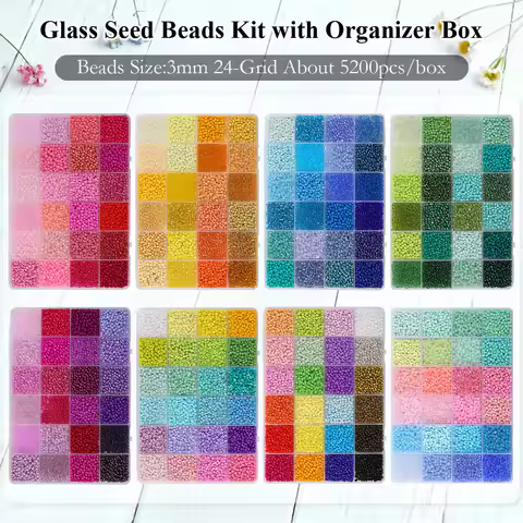 5200pcs 3mm Glass Seed Beads Kit 24 Grid Organizer Box for DIY Bracelet Necklace Earrings Jewelry Making Beading Supplies