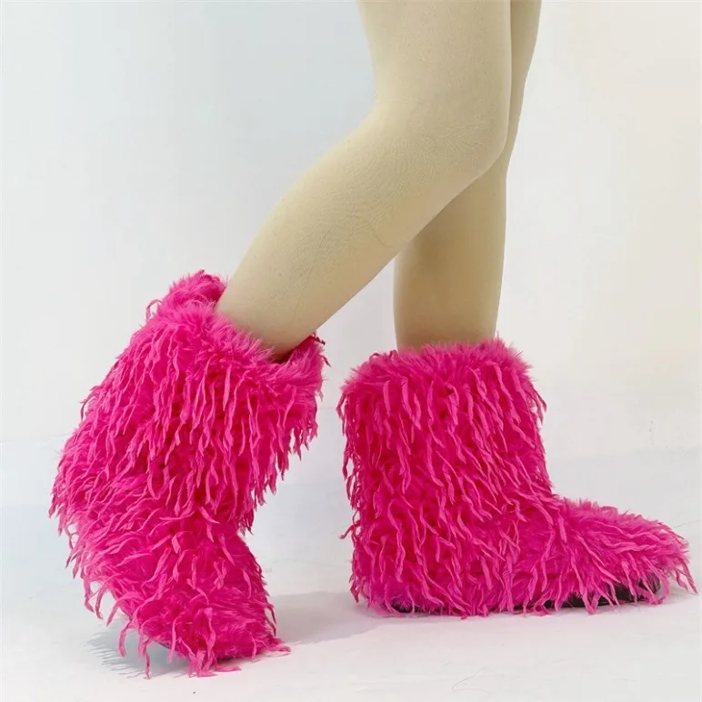 Feather Fur Boots Women Furry Snow Boot Warm Soft Plush Inside Fashion Woman Faux Fox Fur Boots Y2k Winter Anti Slip Fuzzy Shoes