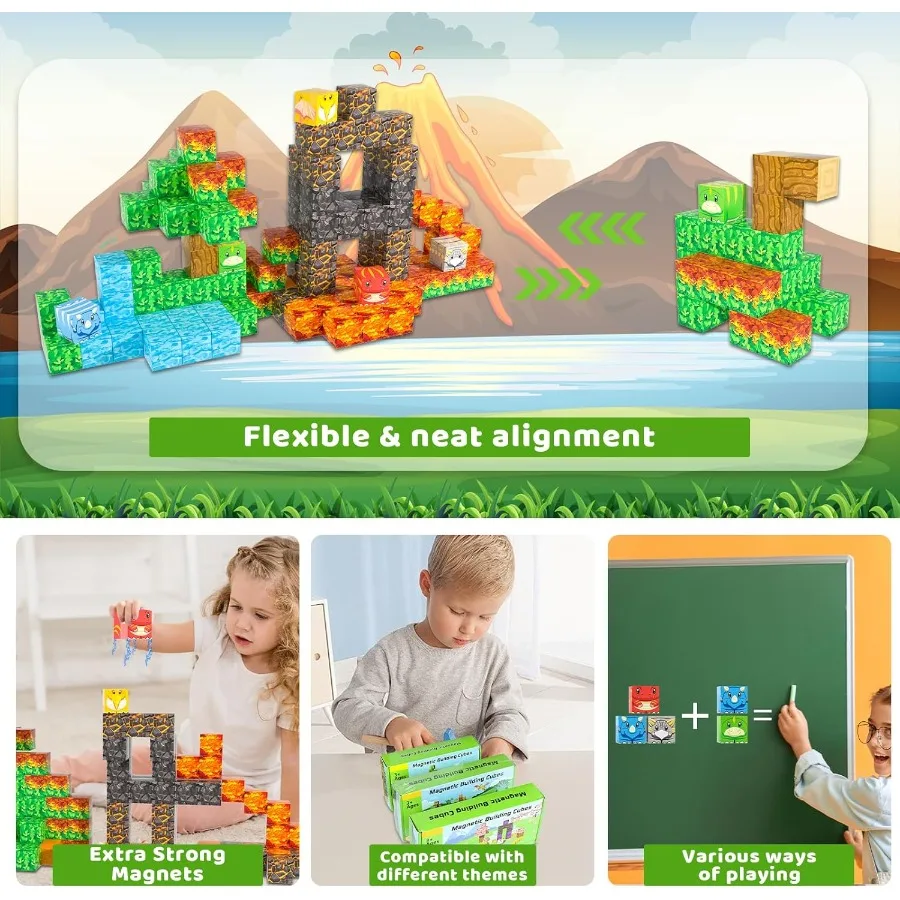 Blocos magnéticos-120 pçs conjunto de construção de brinquedo blocos de construção magnéticos haste brinquedos sensoriais presente criativo para 3 + anos de idade meninos meninas dino