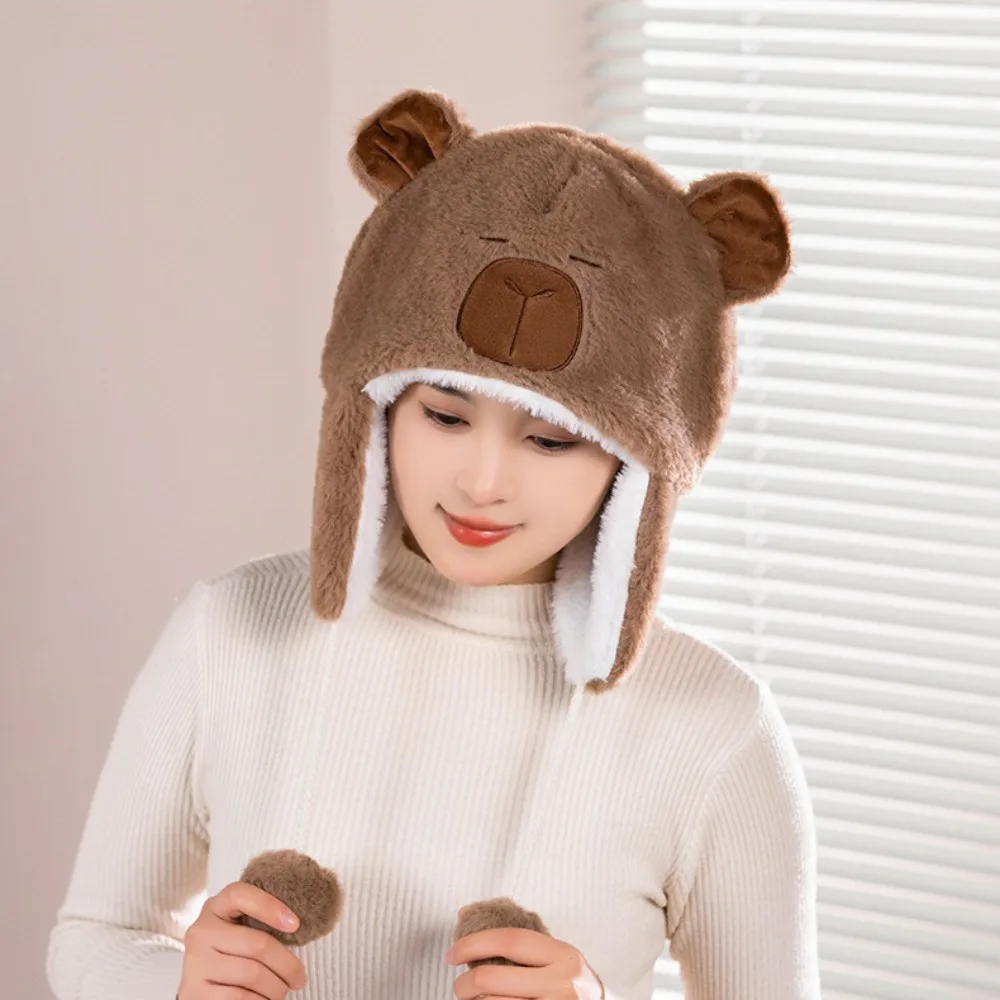 

Warm Cute Plush Capybara Hat Pullover Hat Ear Protection Capybara Plush Cap Thickened Cartoon Animals Ears Beanie Hats Outdoor