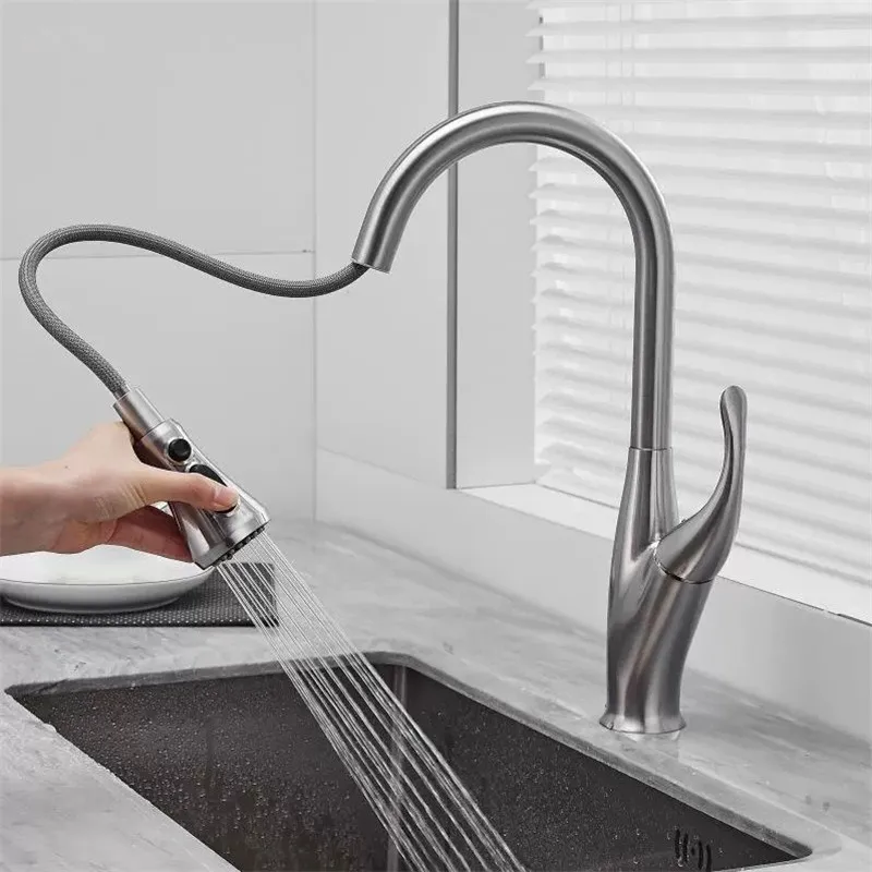 Kitchen Mixer Faucets Sink Taps Hot & Cold Brass Pull-Out Style Single Handle Deck Mounted Rotating Gun Grey/Black/Chrome/Nickel