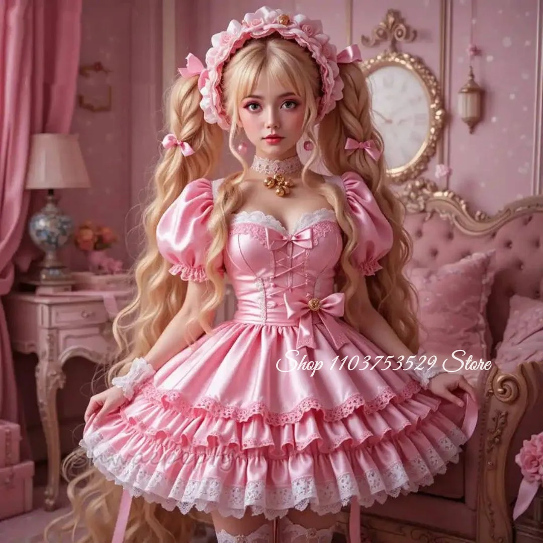 

Dreamy Pink Vintage Victorian Ball Gown Custom Short Mini Puffy Evening Dress School Prom Dress Lace Sweetheart Neckline Dress