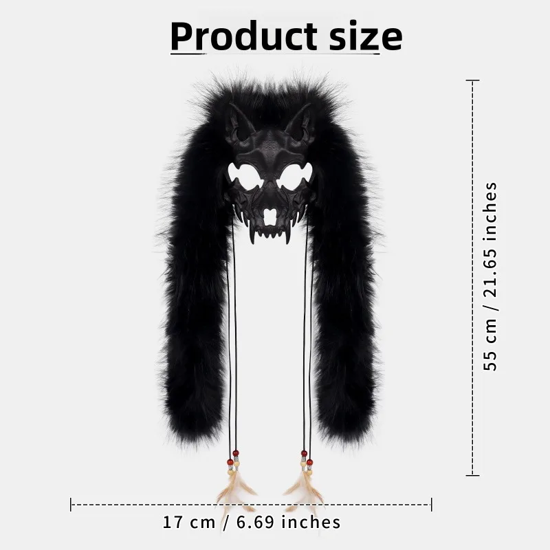 Maska wikinga z lisim uszami, maska wilka do cosplayu z sztucznym futrem na głowie