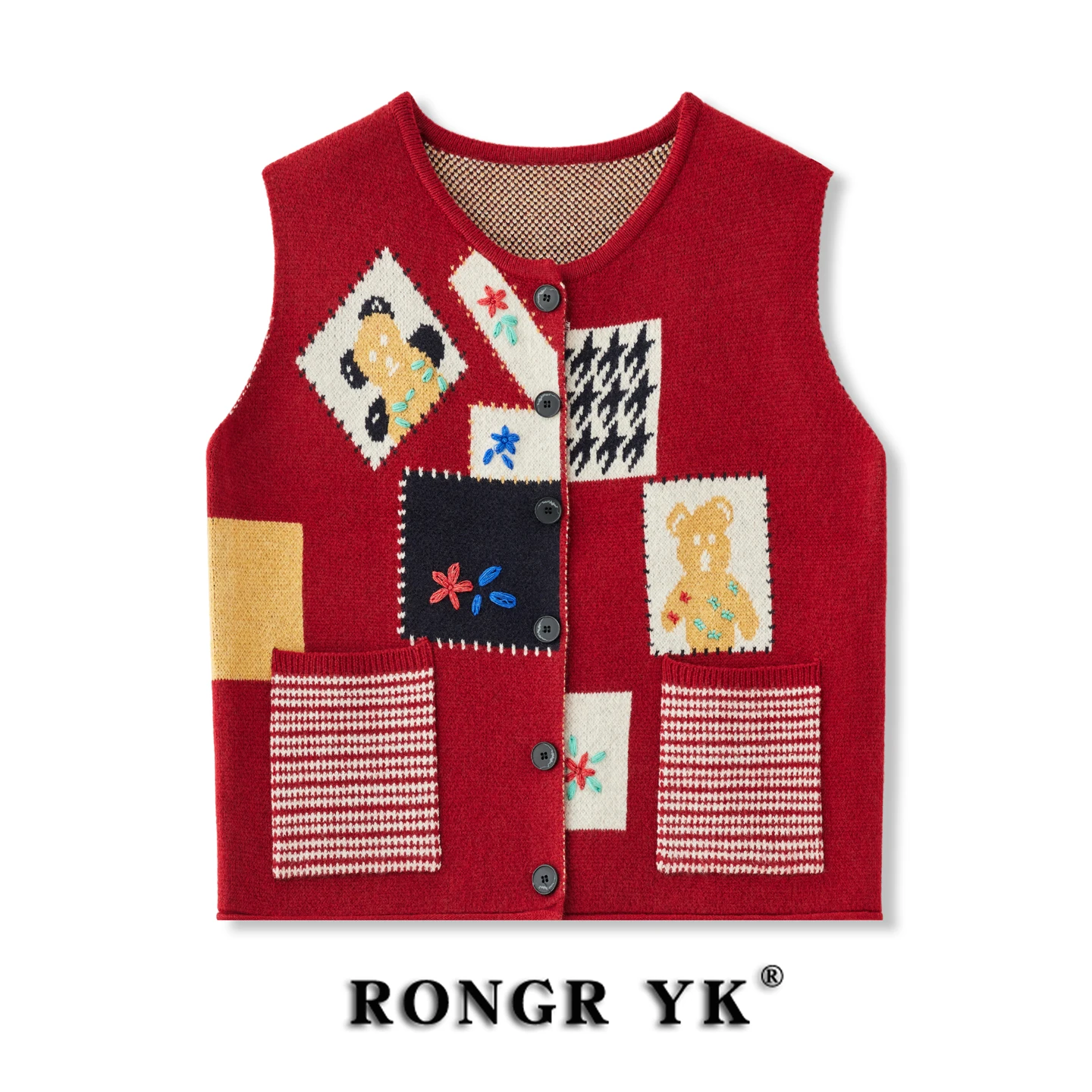 Spring Autumn Cartoon Spliced Color round Ne Knitted Vest Women Loose Embroidered Layering Sweater Vest Outerwear ort Jaet