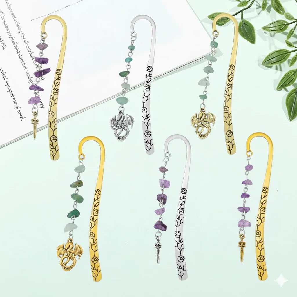 خمر السيف التنين المرجعية المعدنية مع حبات اليشم الذهب/الفضة مجنح التنين كتاب علامات الخيال الأدبي هدية للقراء Boo #1