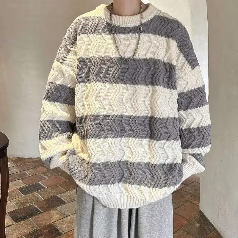 Loose Striped Knitted Sweater for Boys Students Casual Autumn Winter Faion Polyester Fiber Long Sve round Ne Top