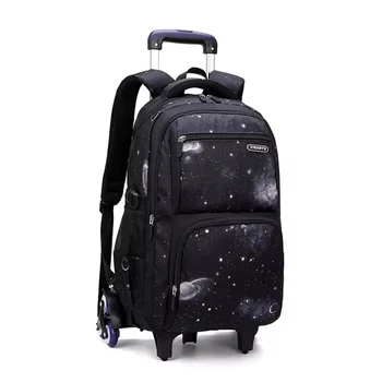 กระเป๋านักเรียนเด็กที่มีล้อกระเป๋าเป้สะพายหลังกลิ้งสําหรับเด็กกระเป๋านักเรียนล้อเลื่อน 6 ล้อรถเข็นกระเป๋าถือกระเป๋าเดินทางพร้อมถุงอาหารกลางวัน